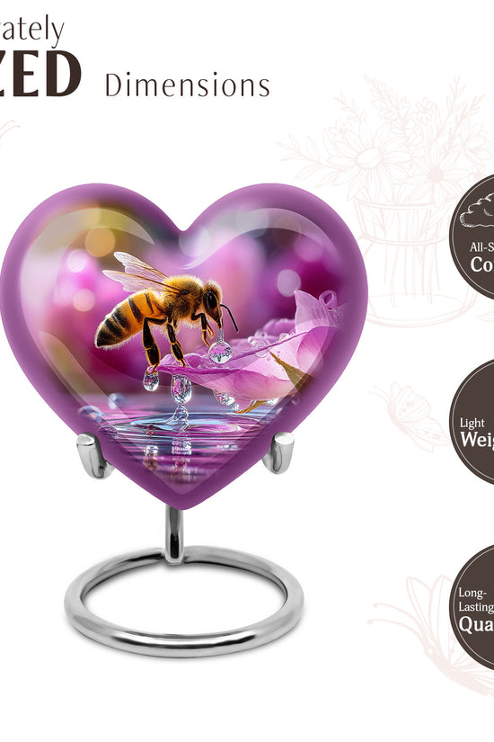 Burgundy Red Bee Cremation Urn front view showing detailed design - heart-shaped bee design symbolizing eternal love - mini keepsake memorial for portion of cremation ashes