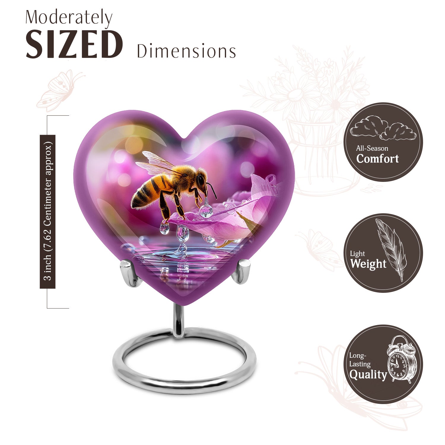 Burgundy Red Bee Cremation Urn front view showing detailed design - heart-shaped bee design symbolizing eternal love - mini keepsake memorial for portion of cremation ashes