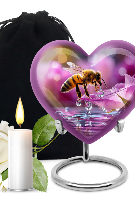 Burgundy Red Bee Cremation Urn detail view - loving heart memorial featuring bee pattern - full-size 10 inch 200 cubic inch adult cremation urn