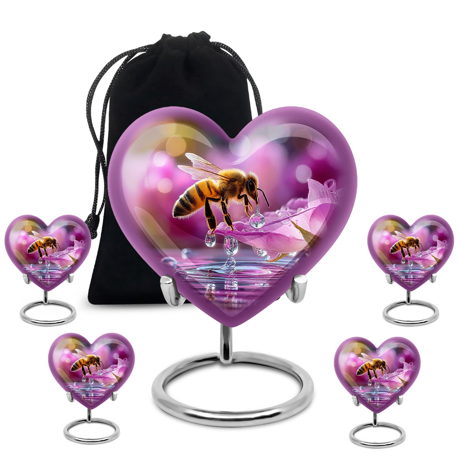 Rich Red Bee Cremation Urn close-up of engraving and surface detail - compassionate heart-bee combination with gentle curves - memorial set with one large and four small urns