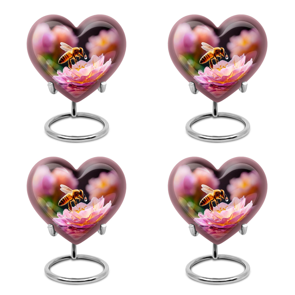 Jet Black Bee Cremation Urn angled view of lid and engraved motif - heart-shaped bee design symbolizing eternal love - 10 inch aluminum urn for cremated remains