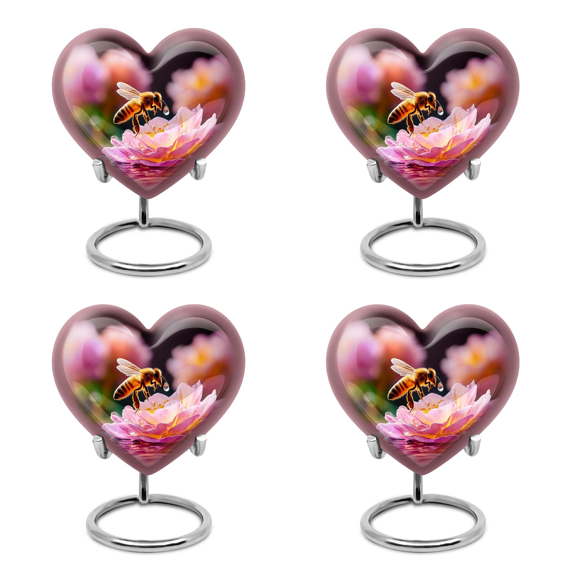 Jet Black Bee Cremation Urn angled view of lid and engraved motif - heart-shaped bee design symbolizing eternal love - 10 inch aluminum urn for cremated remains