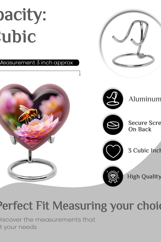 Glossy Black Bee Cremation Urn front view showing detailed design - heart-shaped bee design symbolizing eternal love - mini keepsake memorial for portion of cremation ashes