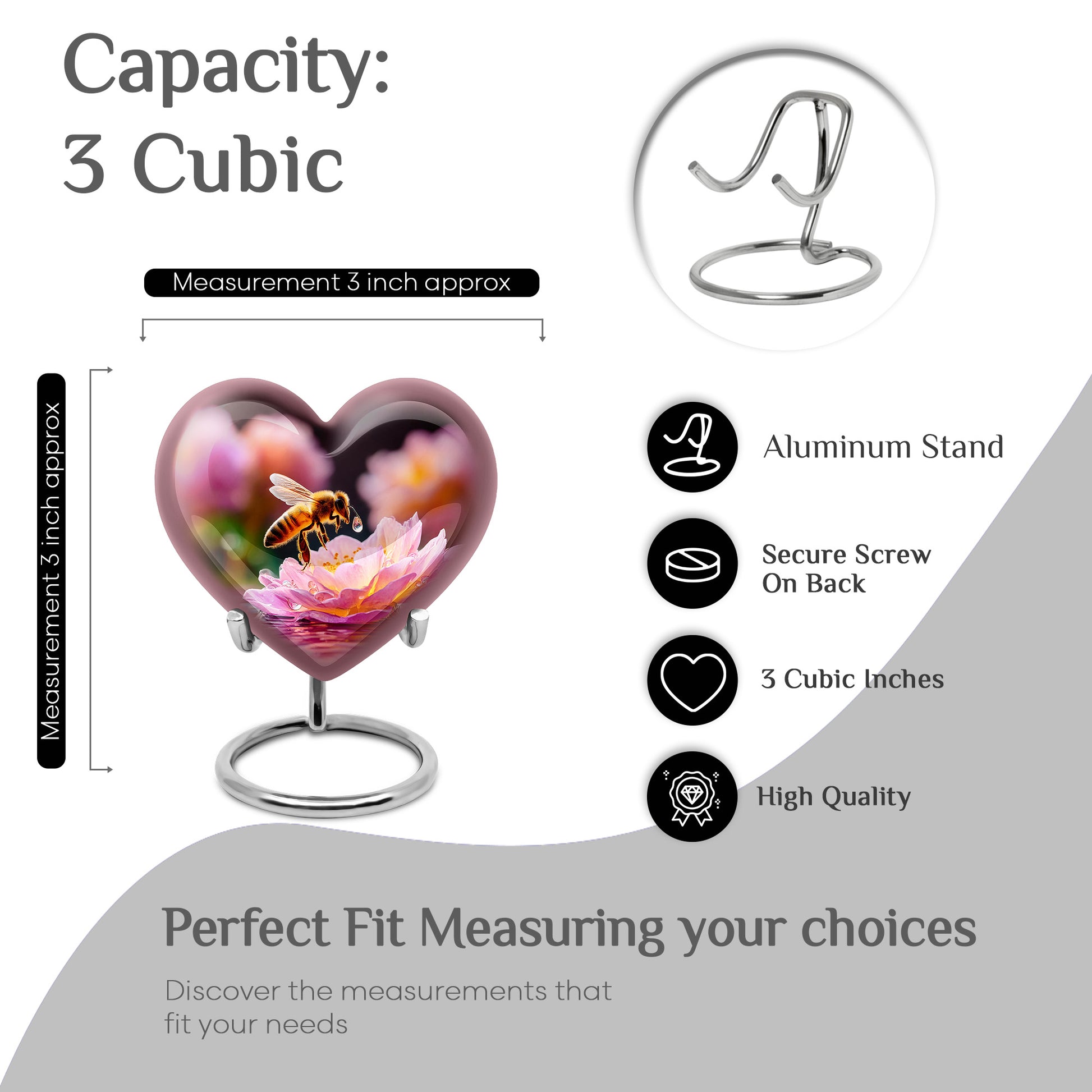 Glossy Black Bee Cremation Urn front view showing detailed design - heart-shaped bee design symbolizing eternal love - mini keepsake memorial for portion of cremation ashes