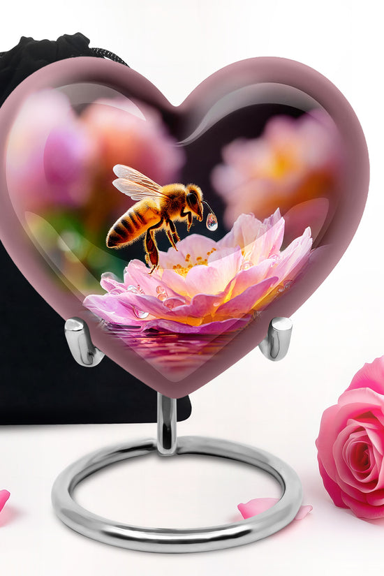 Deep Black Bee Cremation Urn detail view - loving heart memorial featuring bee pattern - full-size 10 inch 200 cubic inch adult cremation urn