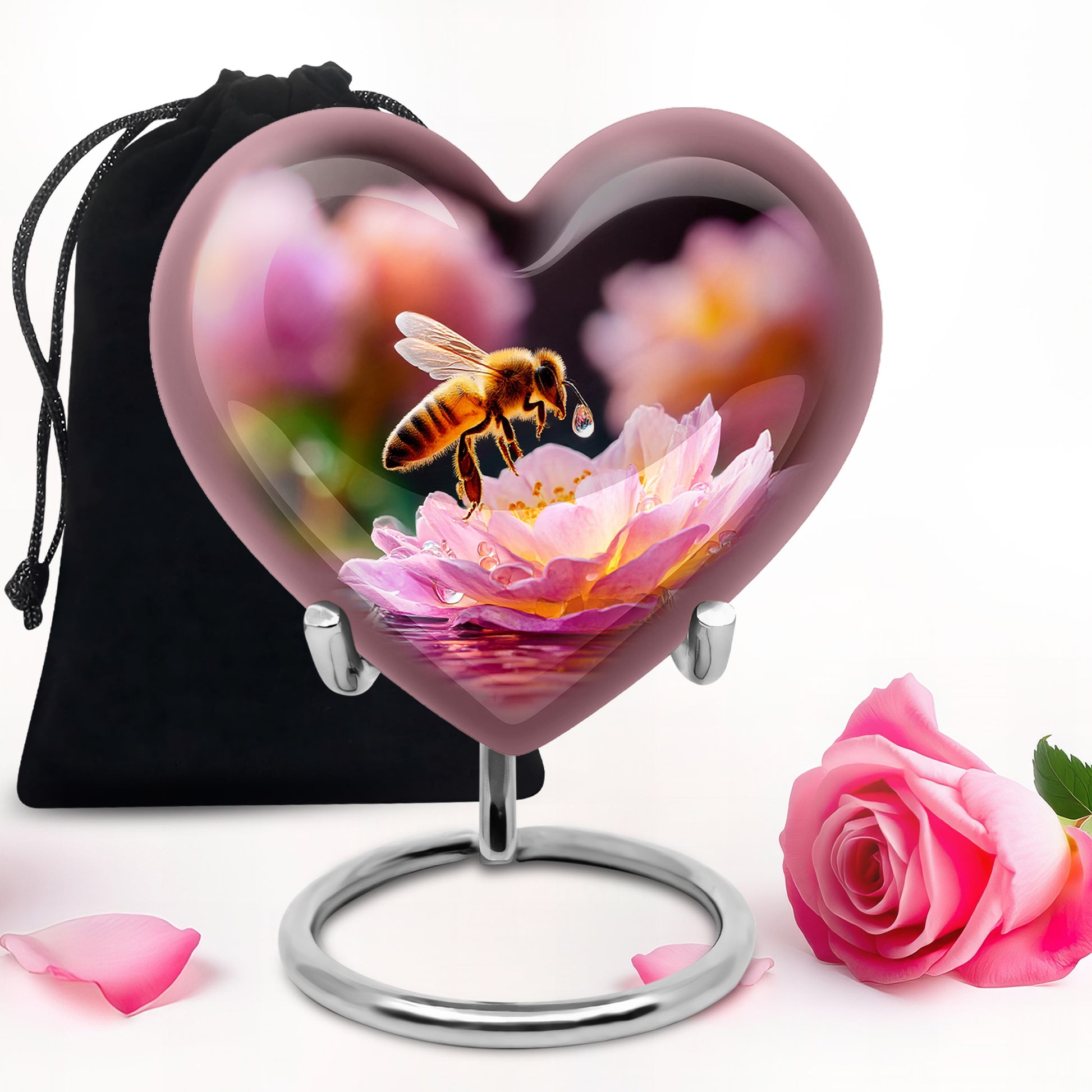 Deep Black Bee Cremation Urn detail view - loving heart memorial featuring bee pattern - full-size 10 inch 200 cubic inch adult cremation urn