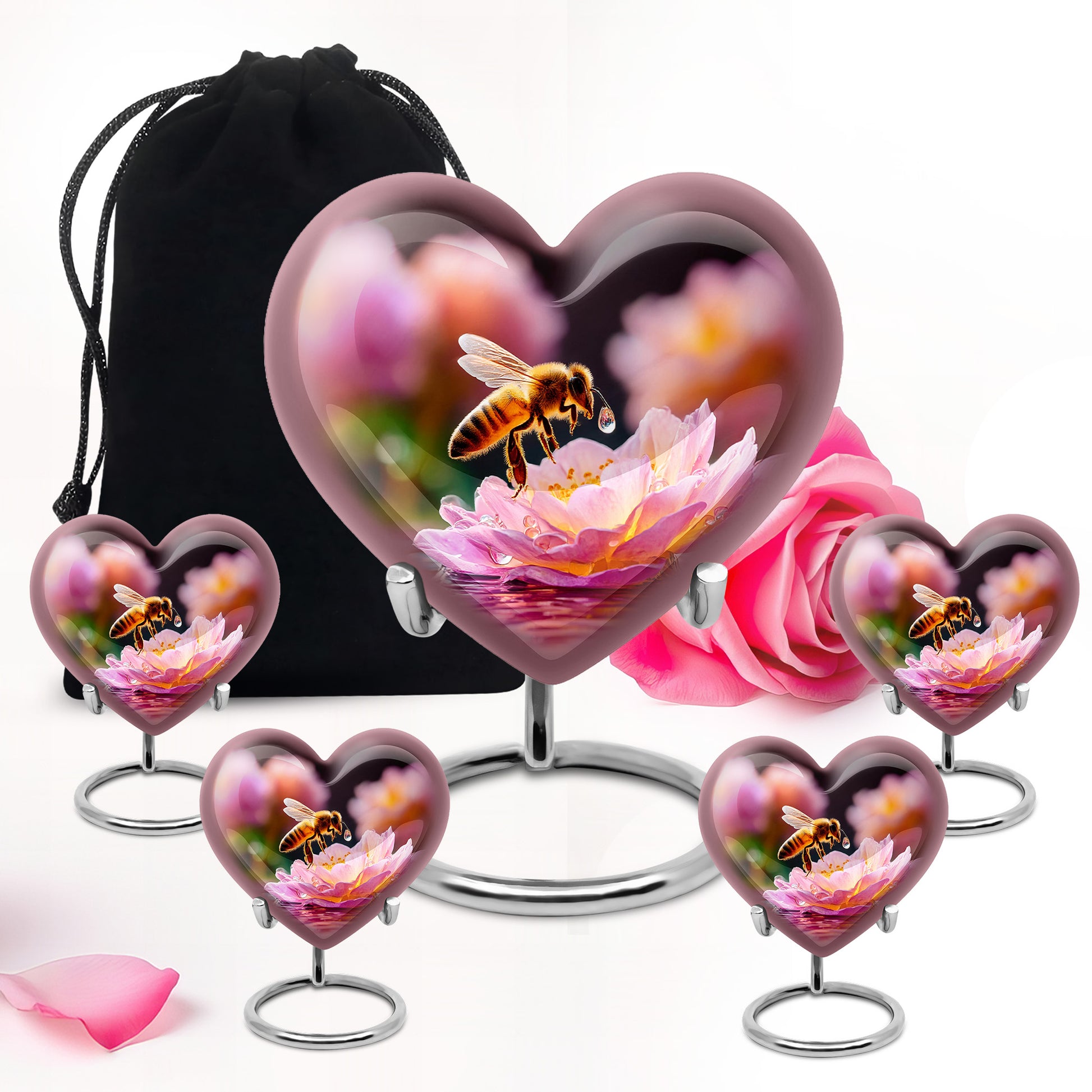 Onyx Black Bee Cremation Urn close-up of engraving and surface detail - romantic heart urn with bee motif on aluminum - memorial set with one large and four small urns