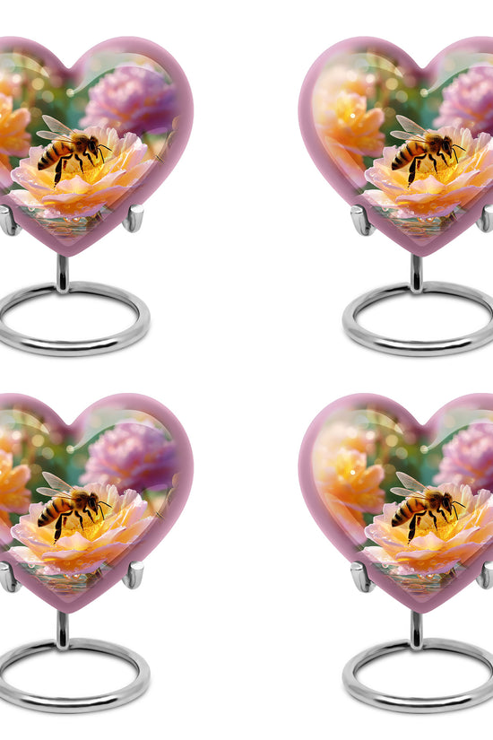 Gilded Gold Bee Cremation Urn angled view of lid and engraved motif - heart-shaped bee design symbolizing eternal love - 10 inch aluminum urn for cremated remains