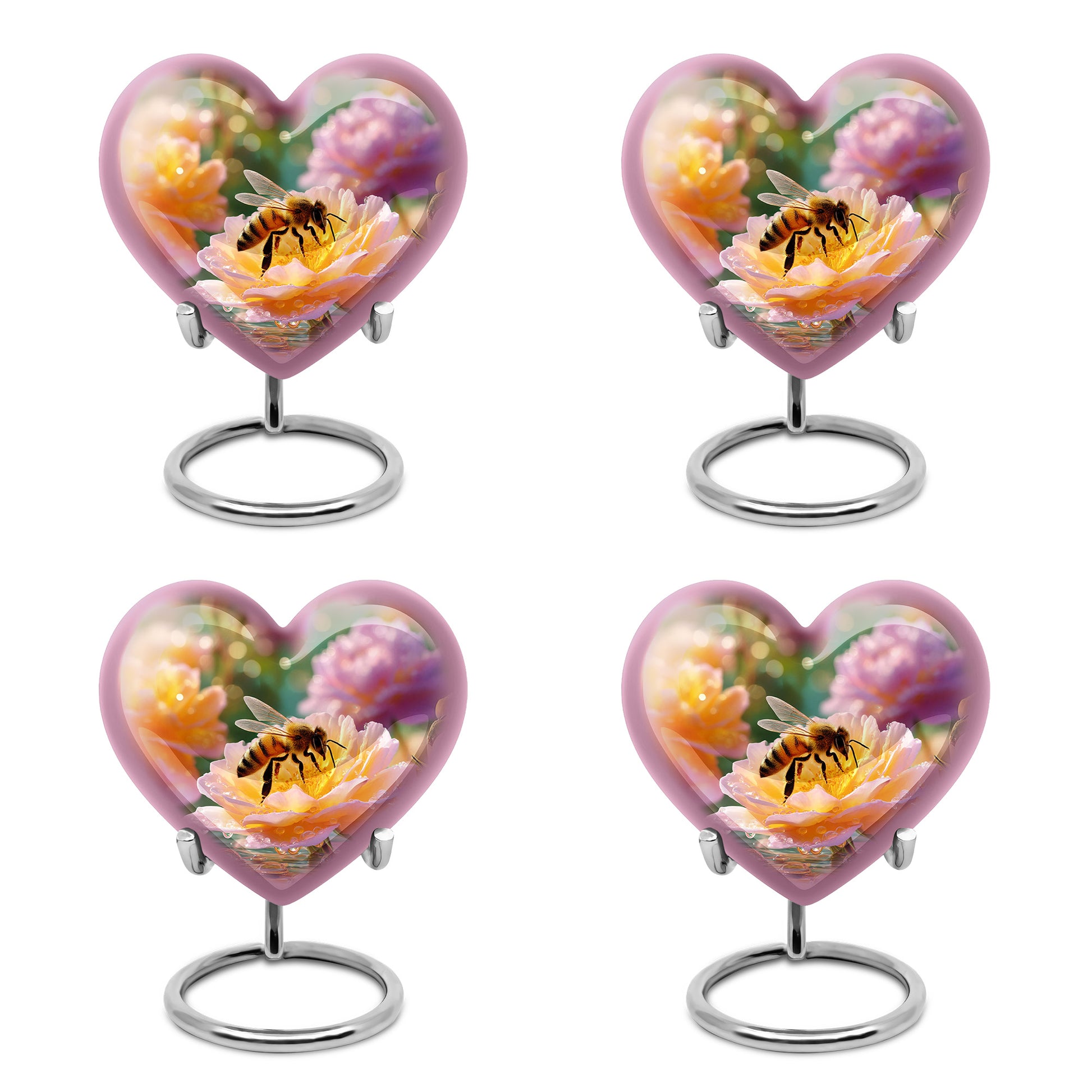 Gilded Gold Bee Cremation Urn angled view of lid and engraved motif - heart-shaped bee design symbolizing eternal love - 10 inch aluminum urn for cremated remains