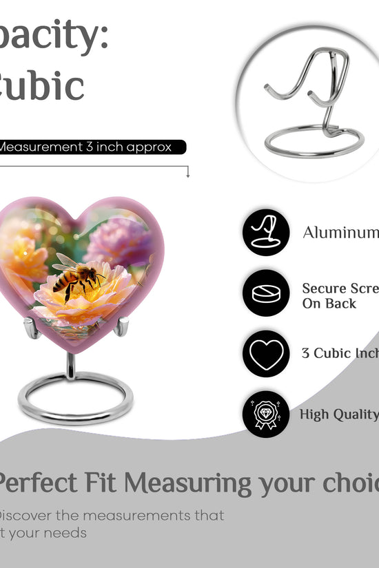 Amber Gold Bee Cremation Urn front view showing detailed design - heart-shaped bee design symbolizing eternal love - mini keepsake memorial for portion of cremation ashes