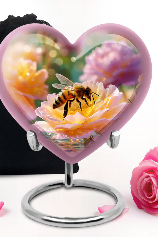 Burnished Gold Bee Cremation Urn detail view - romantic heart urn with bee motif on aluminum - full-size 10 inch 200 cubic inch adult cremation urn