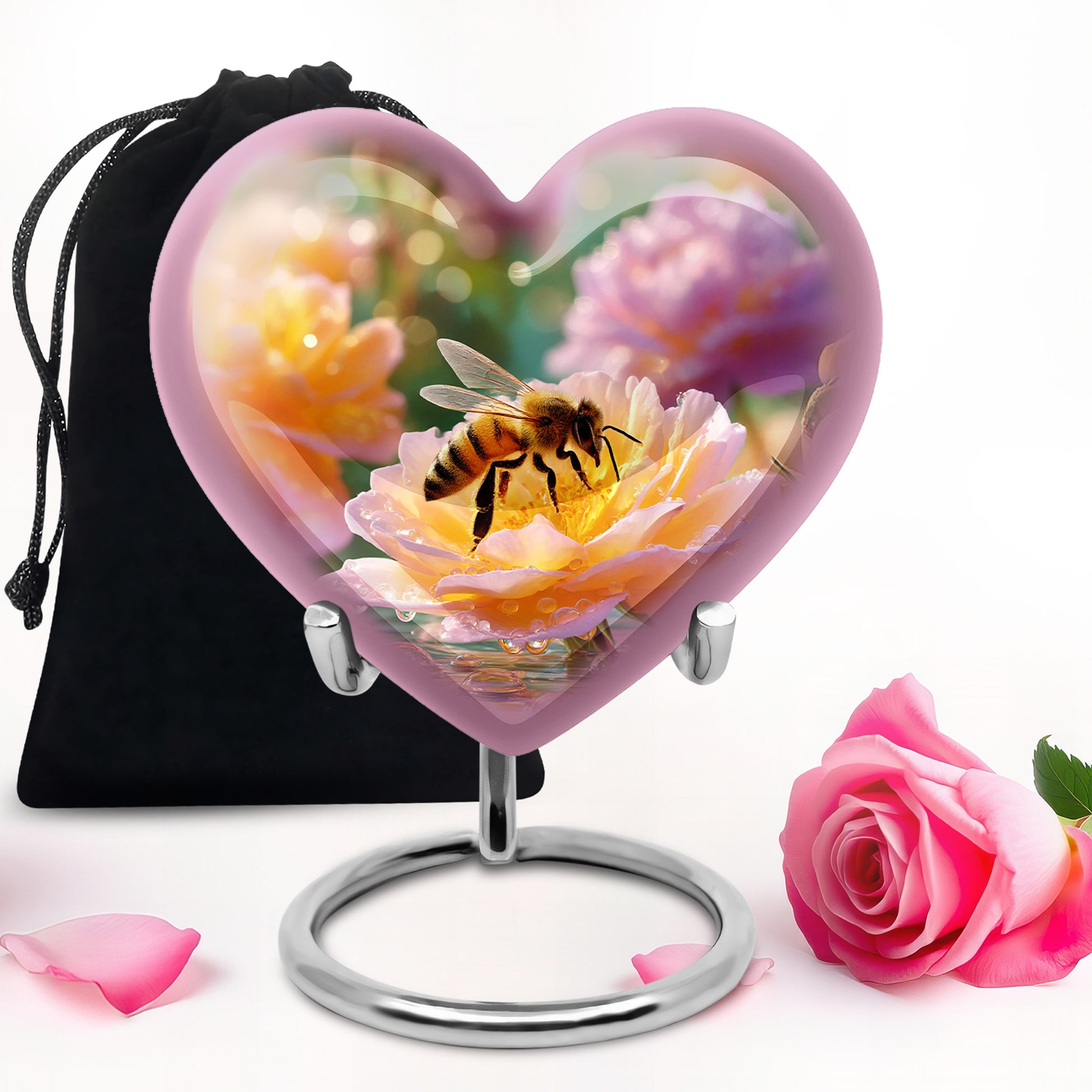 Burnished Gold Bee Cremation Urn detail view - romantic heart urn with bee motif on aluminum - full-size 10 inch 200 cubic inch adult cremation urn
