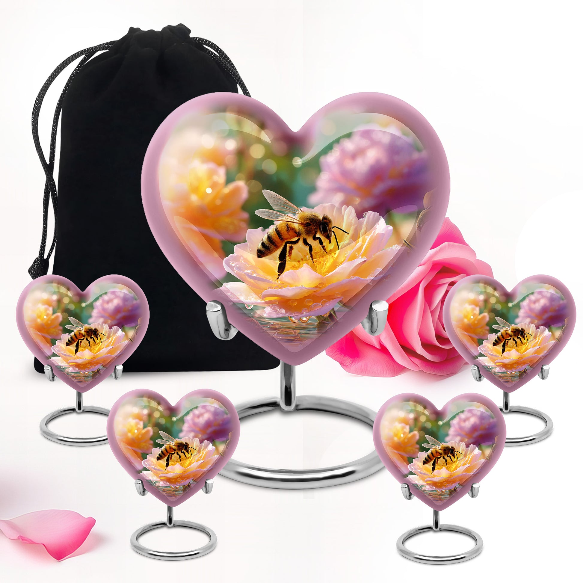 Harvest Gold Bee Cremation Urn close-up of engraving and surface detail - compassionate heart-bee combination with gentle curves - memorial set with one large and four small urns