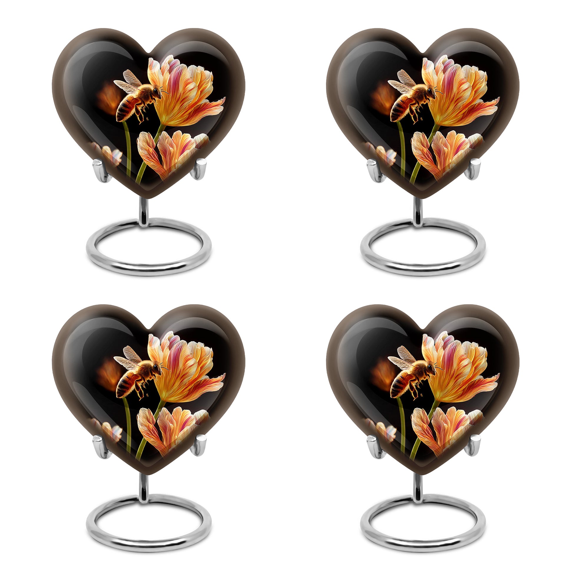 Onyx Black Bee Cremation Urn angled view of lid and engraved motif - compassionate heart-bee combination with gentle curves - 10 inch aluminum urn for cremated remains