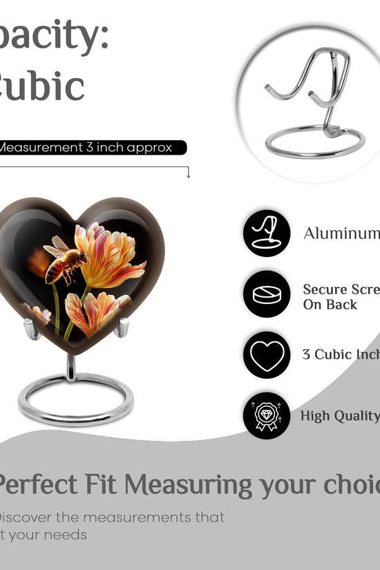 Glossy Black Bee Cremation Urn front view showing detailed design - heart-shaped bee design symbolizing eternal love - mini keepsake memorial for portion of cremation ashes
