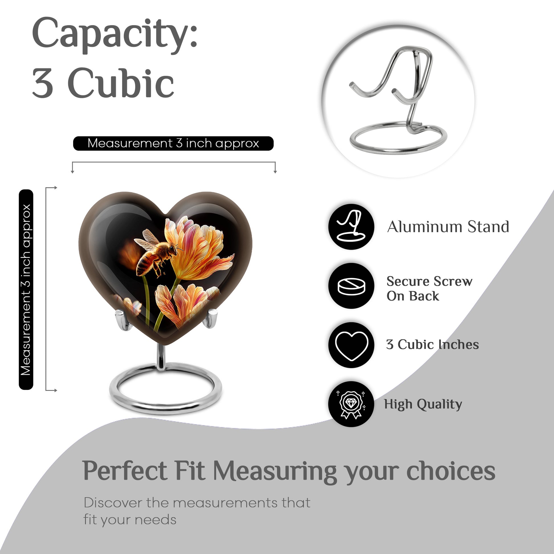 Glossy Black Bee Cremation Urn front view showing detailed design - heart-shaped bee design symbolizing eternal love - mini keepsake memorial for portion of cremation ashes