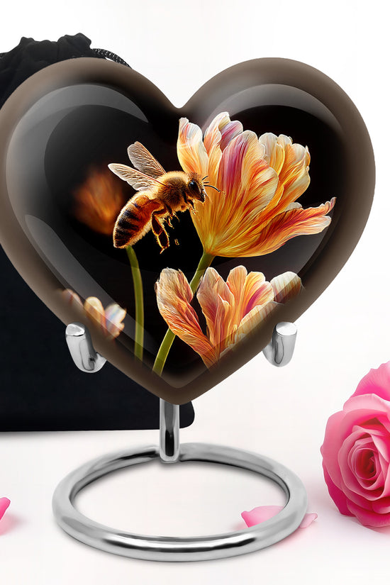 Ebony Bee Cremation Urn detail view - heart-shaped bee design symbolizing eternal love - full-size 10 inch 200 cubic inch adult cremation urn