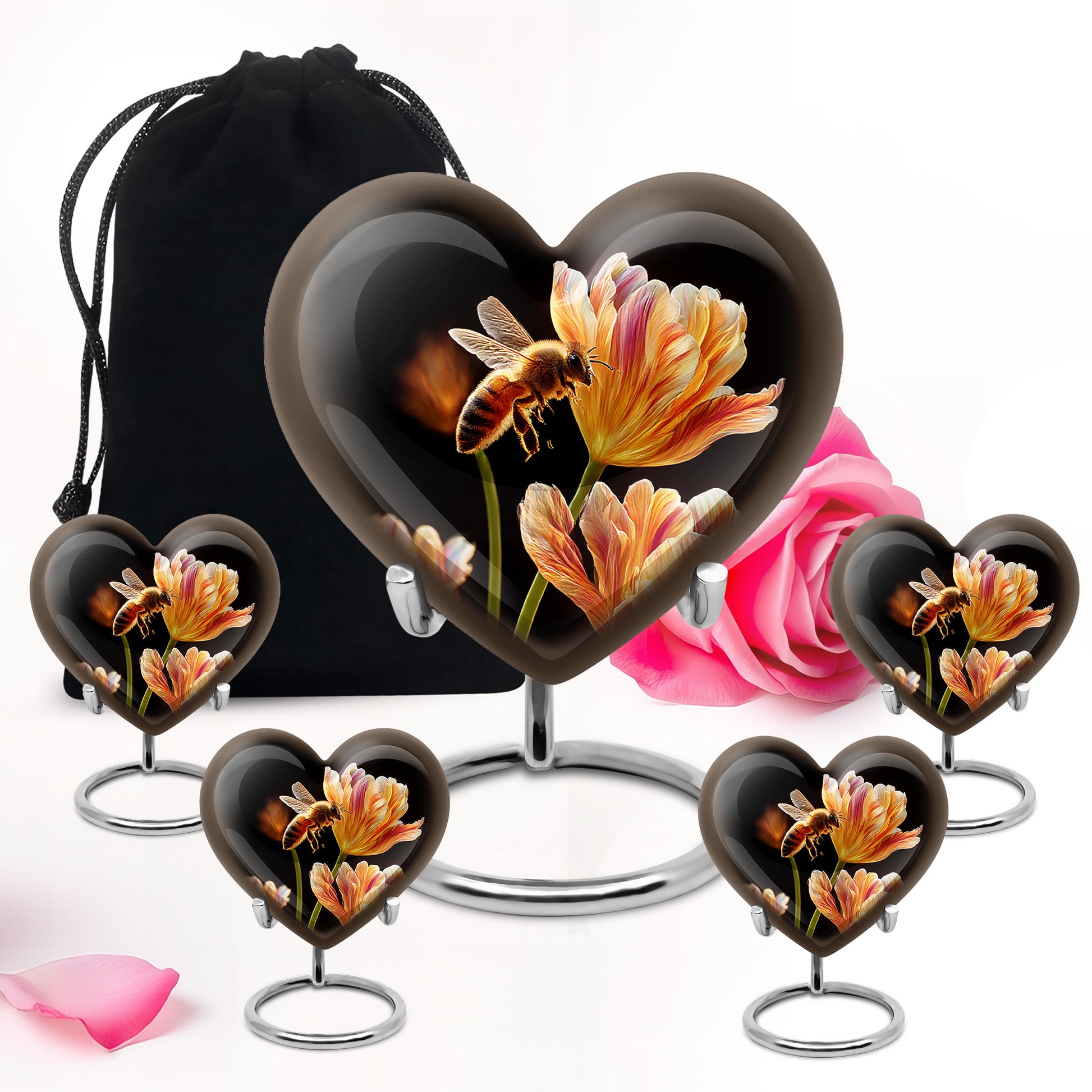 Glossy Black Bee Cremation Urn close-up of engraving and surface detail - heart-shaped bee design symbolizing eternal love - memorial set with one large and four small urns