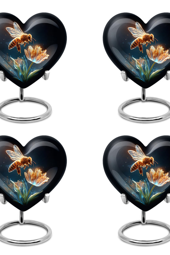 Ebony Bee Cremation Urn angled view of lid and engraved motif - heart-shaped bee design symbolizing eternal love - 10 inch aluminum urn for cremated remains
