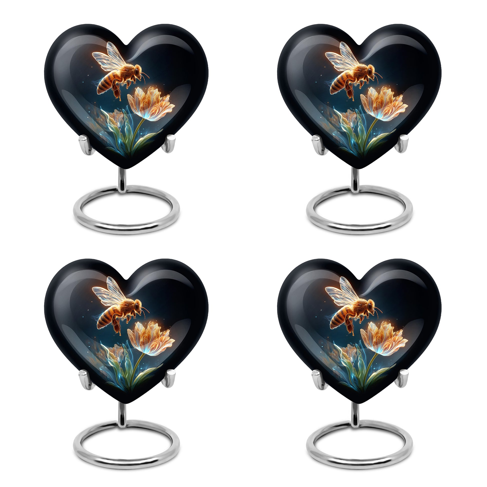 Ebony Bee Cremation Urn angled view of lid and engraved motif - heart-shaped bee design symbolizing eternal love - 10 inch aluminum urn for cremated remains