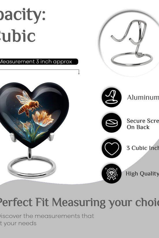 Glossy Black Bee Cremation Urn front view showing detailed design - heart-shaped bee design symbolizing eternal love - mini keepsake memorial for portion of cremation ashes