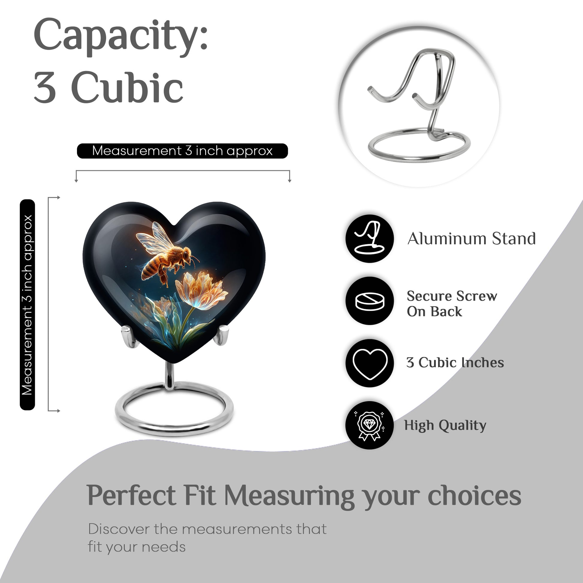 Glossy Black Bee Cremation Urn front view showing detailed design - heart-shaped bee design symbolizing eternal love - mini keepsake memorial for portion of cremation ashes