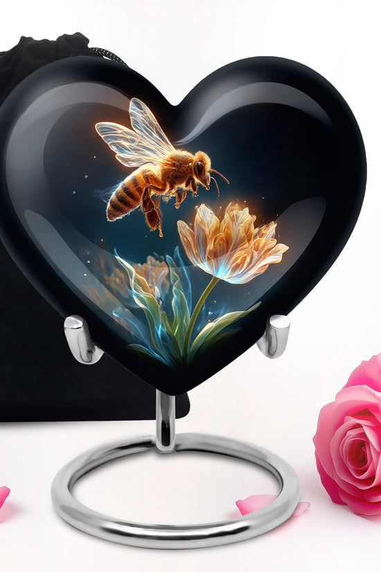 Obsidian Black Bee Cremation Urn detail view - compassionate heart-bee combination with gentle curves - full-size 10 inch 200 cubic inch adult cremation urn