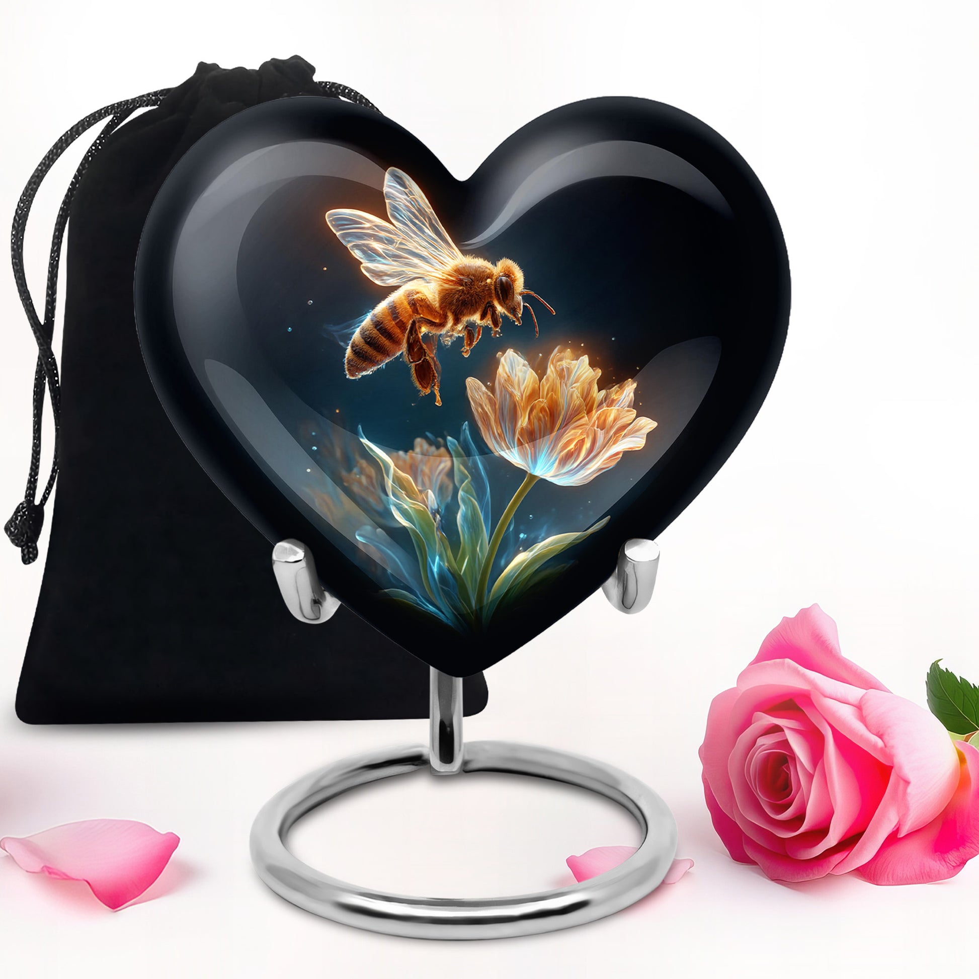 Obsidian Black Bee Cremation Urn detail view - compassionate heart-bee combination with gentle curves - full-size 10 inch 200 cubic inch adult cremation urn