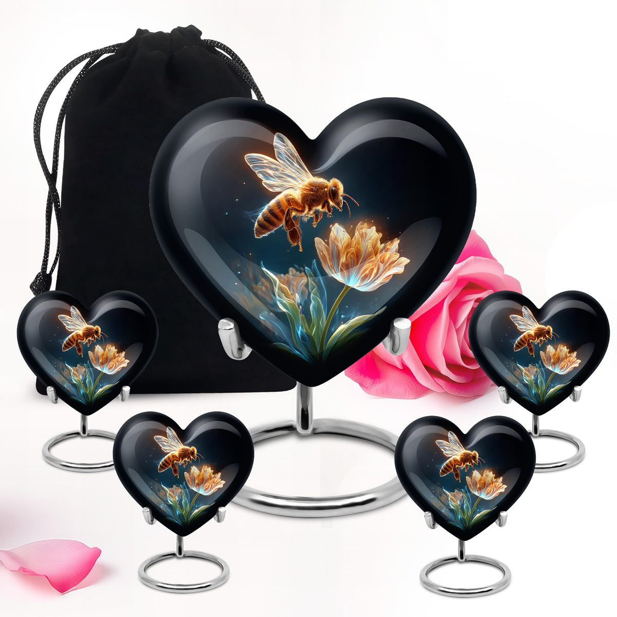 Deep Black Bee Cremation Urn close-up of engraving and surface detail - heart-shaped bee design symbolizing eternal love - memorial set with one large and four small urns