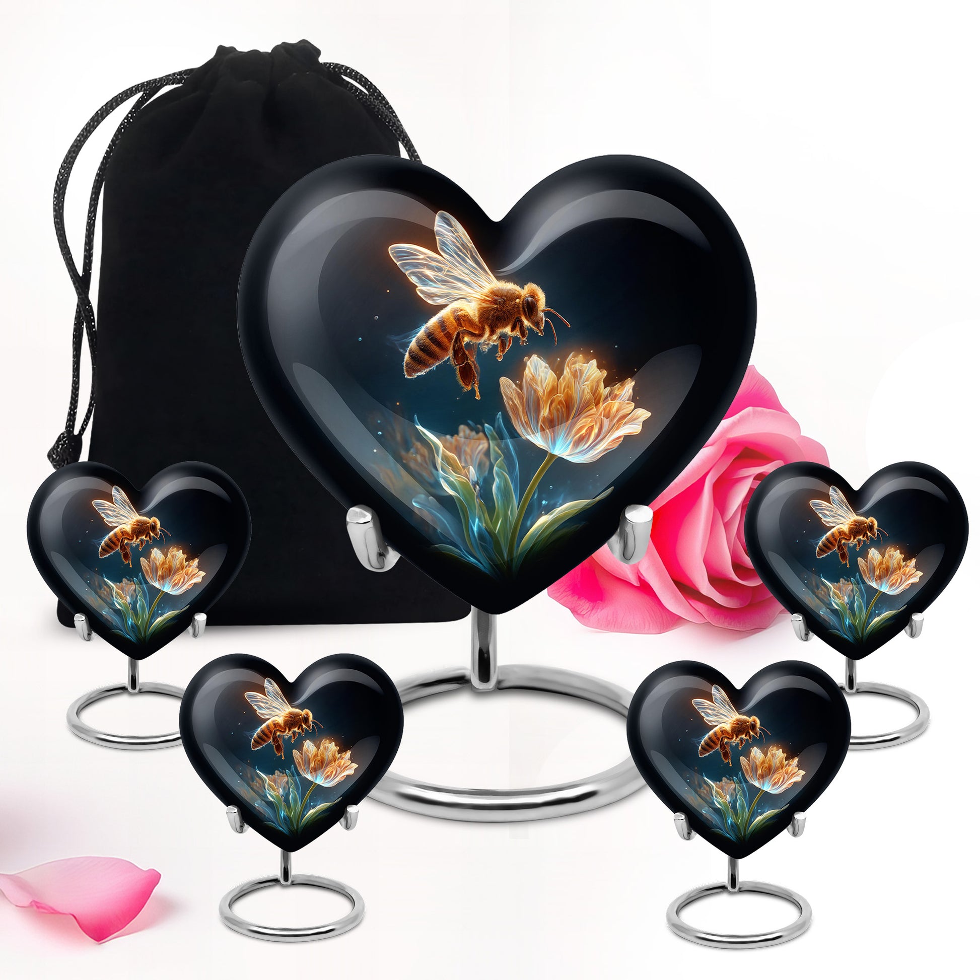 Deep Black Bee Cremation Urn close-up of engraving and surface detail - heart-shaped bee design symbolizing eternal love - memorial set with one large and four small urns