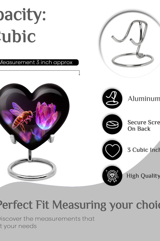 Rich Black Bee Cremation Urn front view showing detailed design - loving heart memorial featuring bee pattern - mini keepsake memorial for portion of cremation ashes