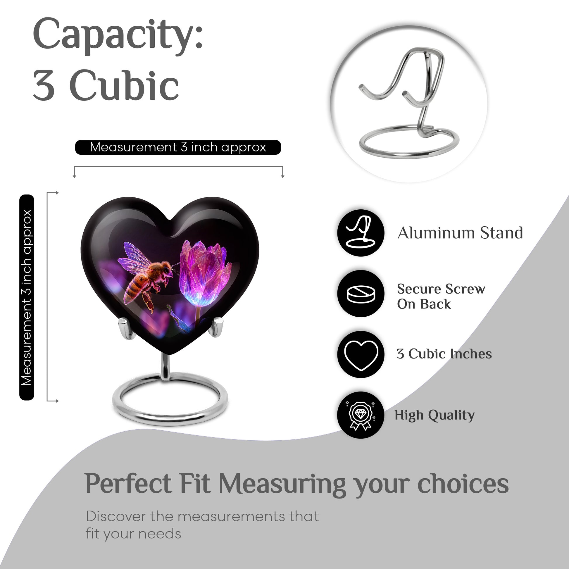 Rich Black Bee Cremation Urn front view showing detailed design - loving heart memorial featuring bee pattern - mini keepsake memorial for portion of cremation ashes