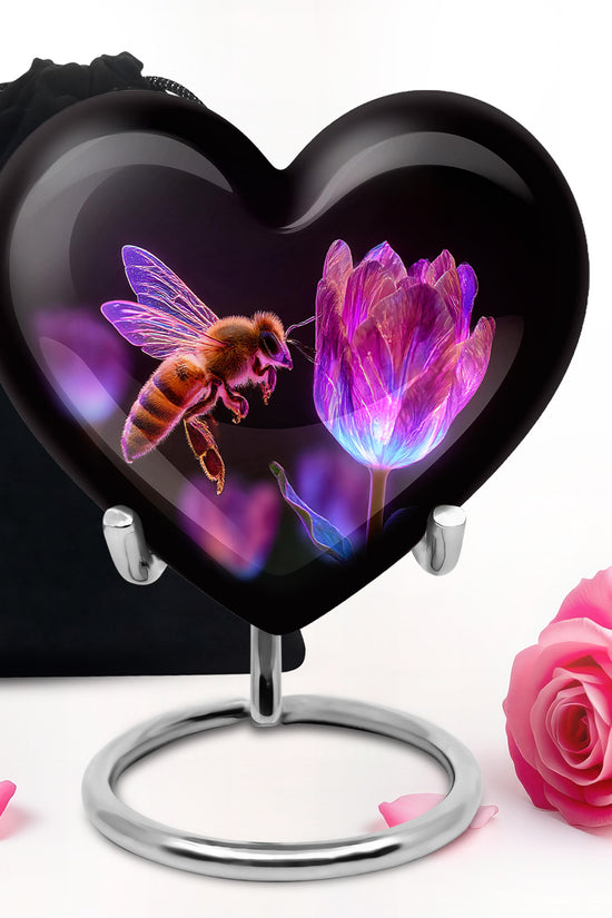 Rich Black Bee Cremation Urn detail view - heart-shaped bee design symbolizing eternal love - full-size 10 inch 200 cubic inch adult cremation urn