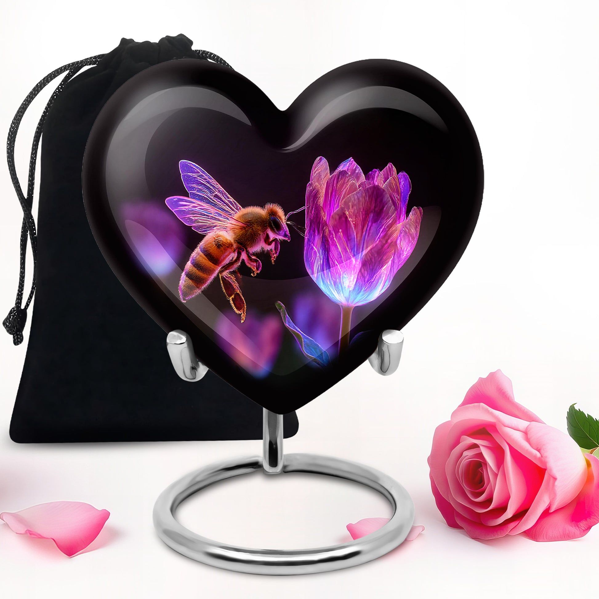 Rich Black Bee Cremation Urn detail view - heart-shaped bee design symbolizing eternal love - full-size 10 inch 200 cubic inch adult cremation urn