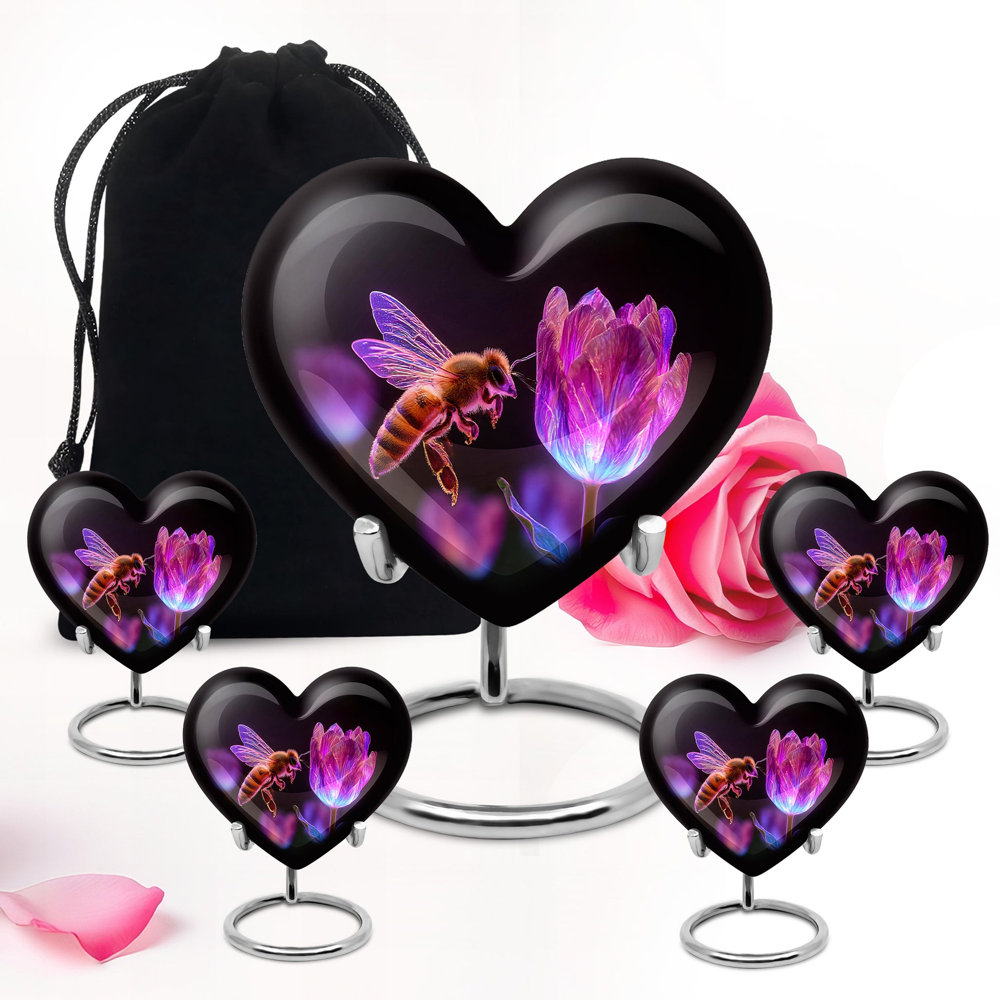 Obsidian Black Bee Cremation Urn close-up of engraving and surface detail - compassionate heart-bee combination with gentle curves - memorial set with one large and four small urns