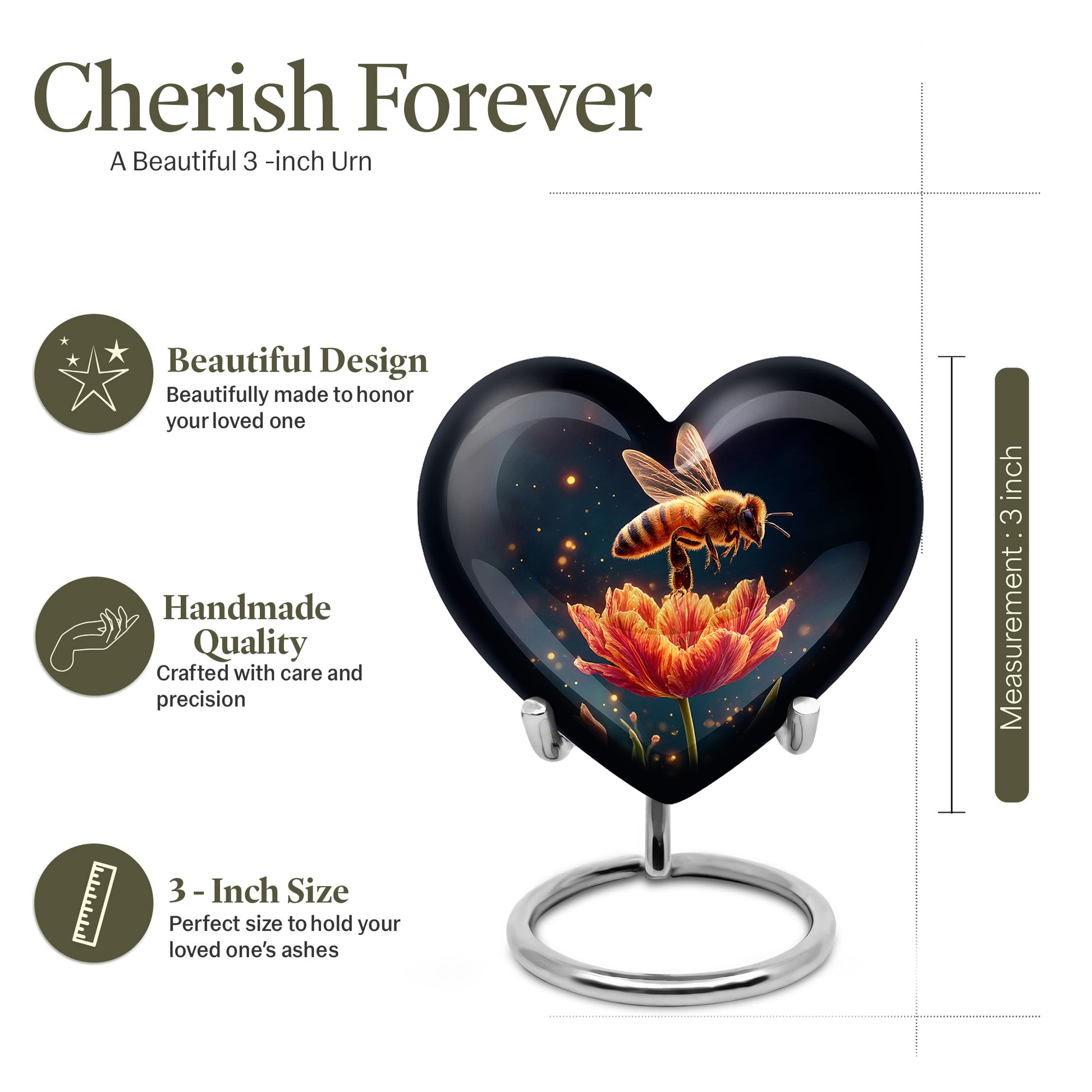 Charcoal Black Bee Cremation Urn front view showing detailed design - romantic heart urn with bee motif on aluminum - mini keepsake memorial for portion of cremation ashes