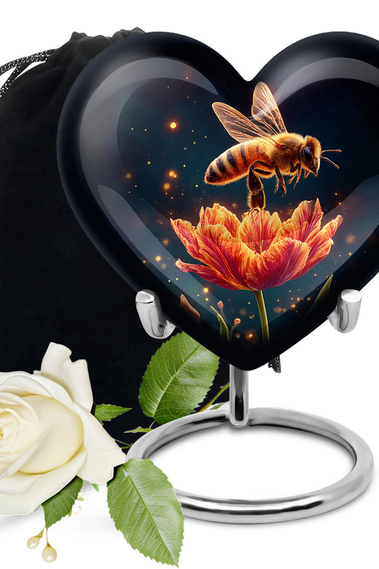 Rich Black Bee Cremation Urn detail view - heart-shaped bee design symbolizing eternal love - full-size 10 inch 200 cubic inch adult cremation urn
