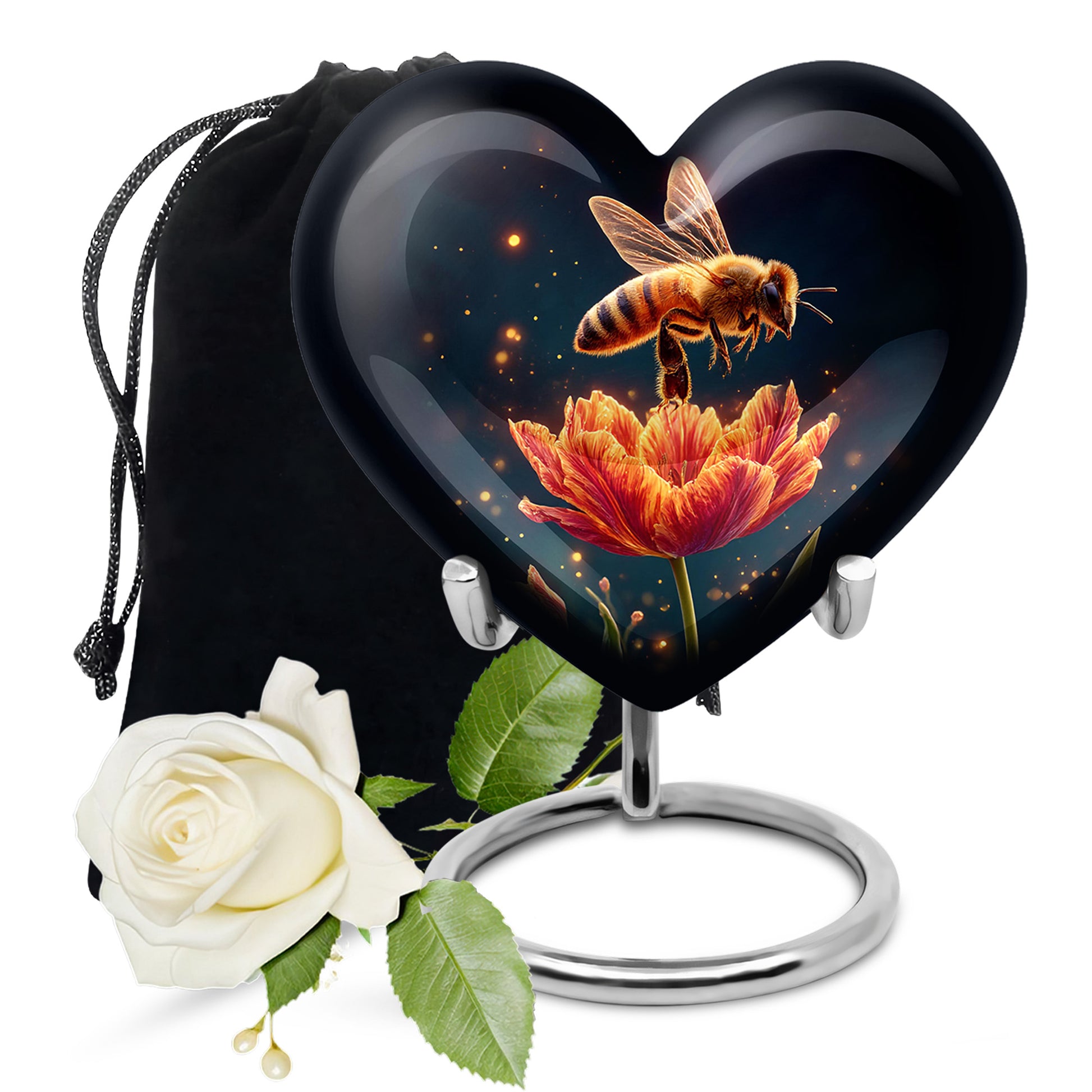 Rich Black Bee Cremation Urn detail view - heart-shaped bee design symbolizing eternal love - full-size 10 inch 200 cubic inch adult cremation urn