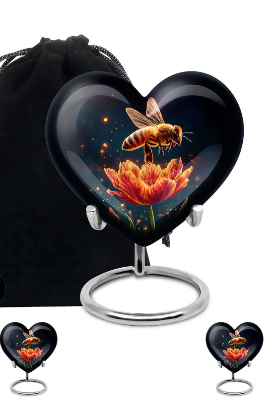 Dark Black Bee Cremation Urn close-up of engraving and surface detail - compassionate heart-bee combination with gentle curves - memorial set with one large and four small urns