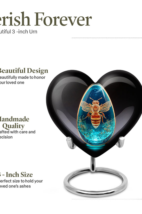 Ebony Bee Cremation Urn front view showing detailed design - heart-shaped bee design symbolizing eternal love - mini keepsake memorial for portion of cremation ashes