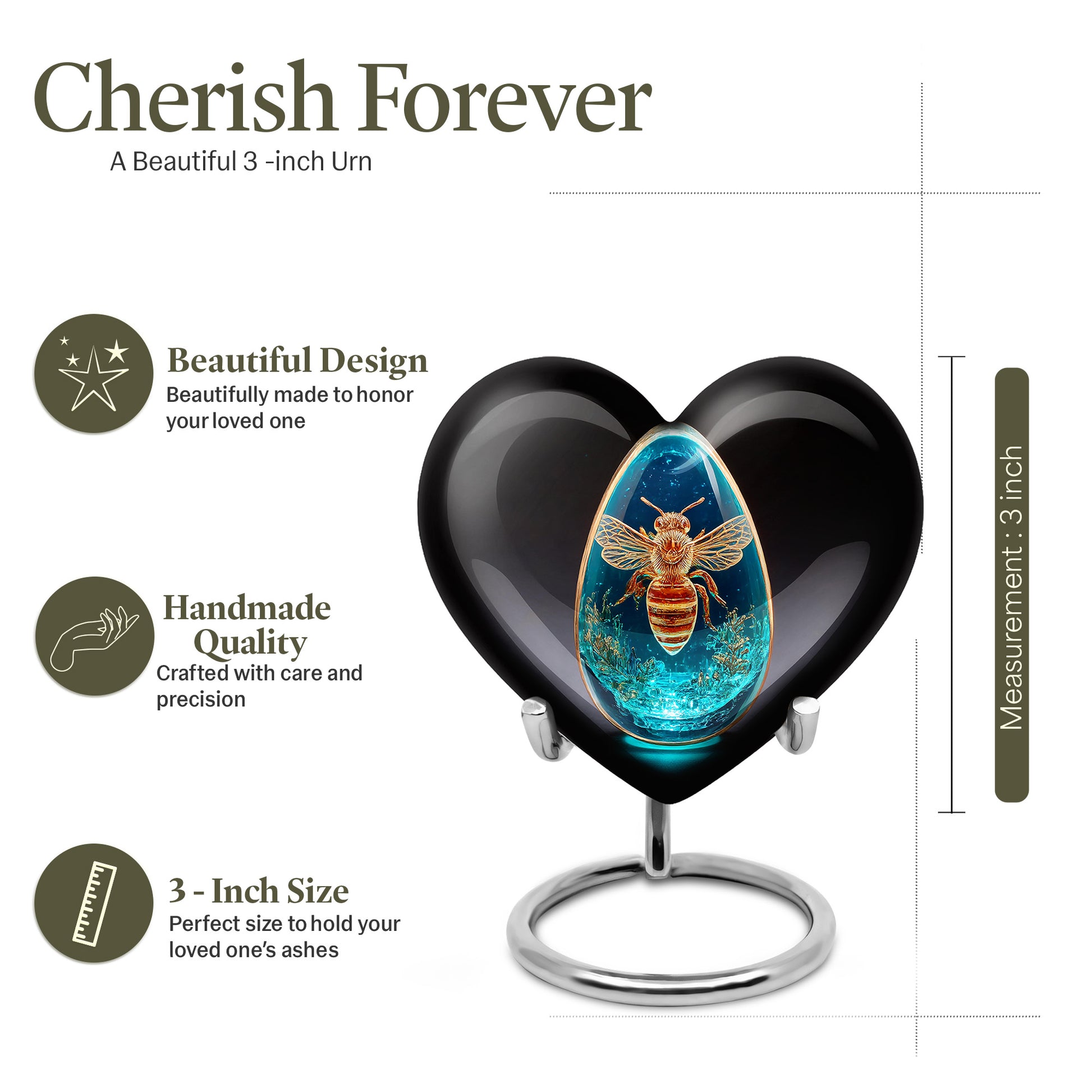 Ebony Bee Cremation Urn front view showing detailed design - heart-shaped bee design symbolizing eternal love - mini keepsake memorial for portion of cremation ashes