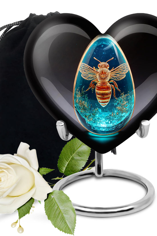 Rich Black Bee Cremation Urn detail view - heart-shaped bee design symbolizing eternal love - full-size 10 inch 200 cubic inch adult cremation urn