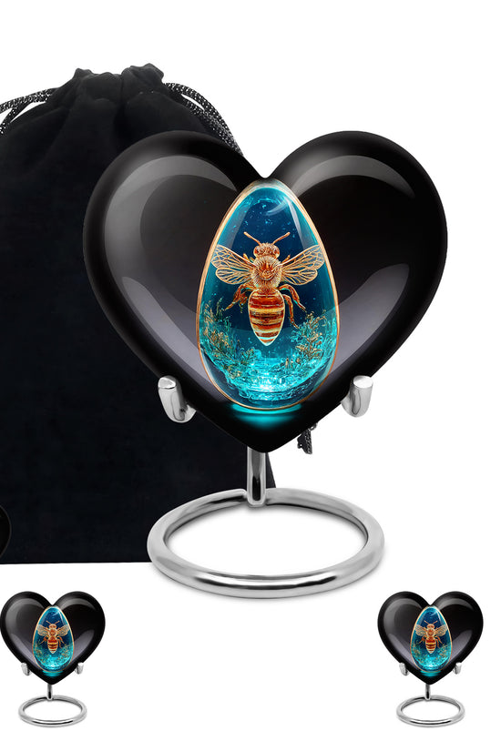 Onyx Black Bee Cremation Urn close-up of engraving and surface detail - romantic heart urn with bee motif on aluminum - memorial set with one large and four small urns