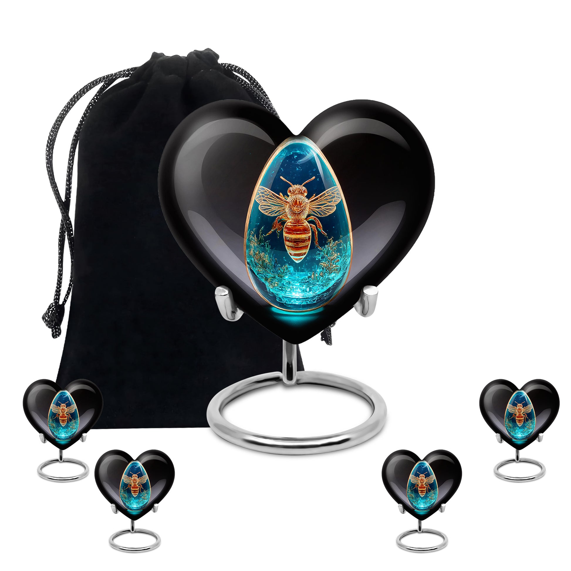 Onyx Black Bee Cremation Urn close-up of engraving and surface detail - romantic heart urn with bee motif on aluminum - memorial set with one large and four small urns