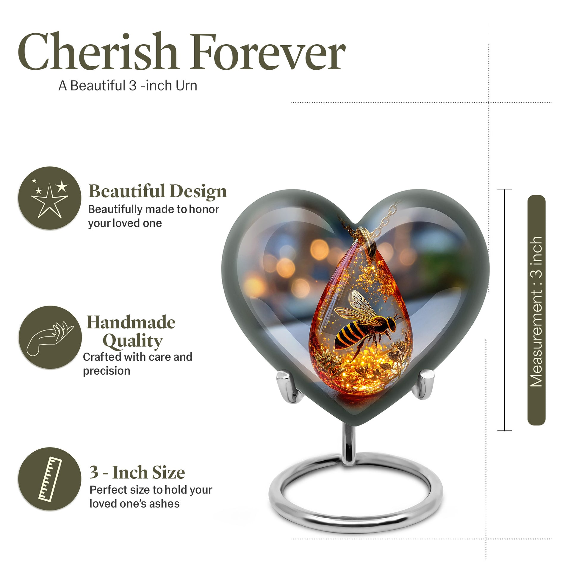 Onyx Black Bee Cremation Urn front view showing detailed design - compassionate heart-bee combination with gentle curves - mini keepsake memorial for portion of cremation ashes