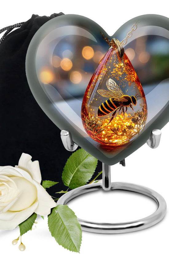 Jet Black Bee Cremation Urn detail view - heart-shaped bee design symbolizing eternal love - full-size 10 inch 200 cubic inch adult cremation urn
