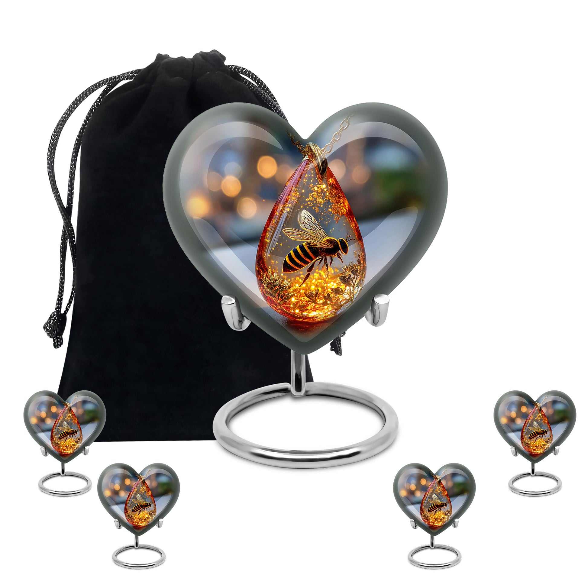 Obsidian Black Bee Cremation Urn close-up of engraving and surface detail - romantic heart urn with bee motif on aluminum - memorial set with one large and four small urns