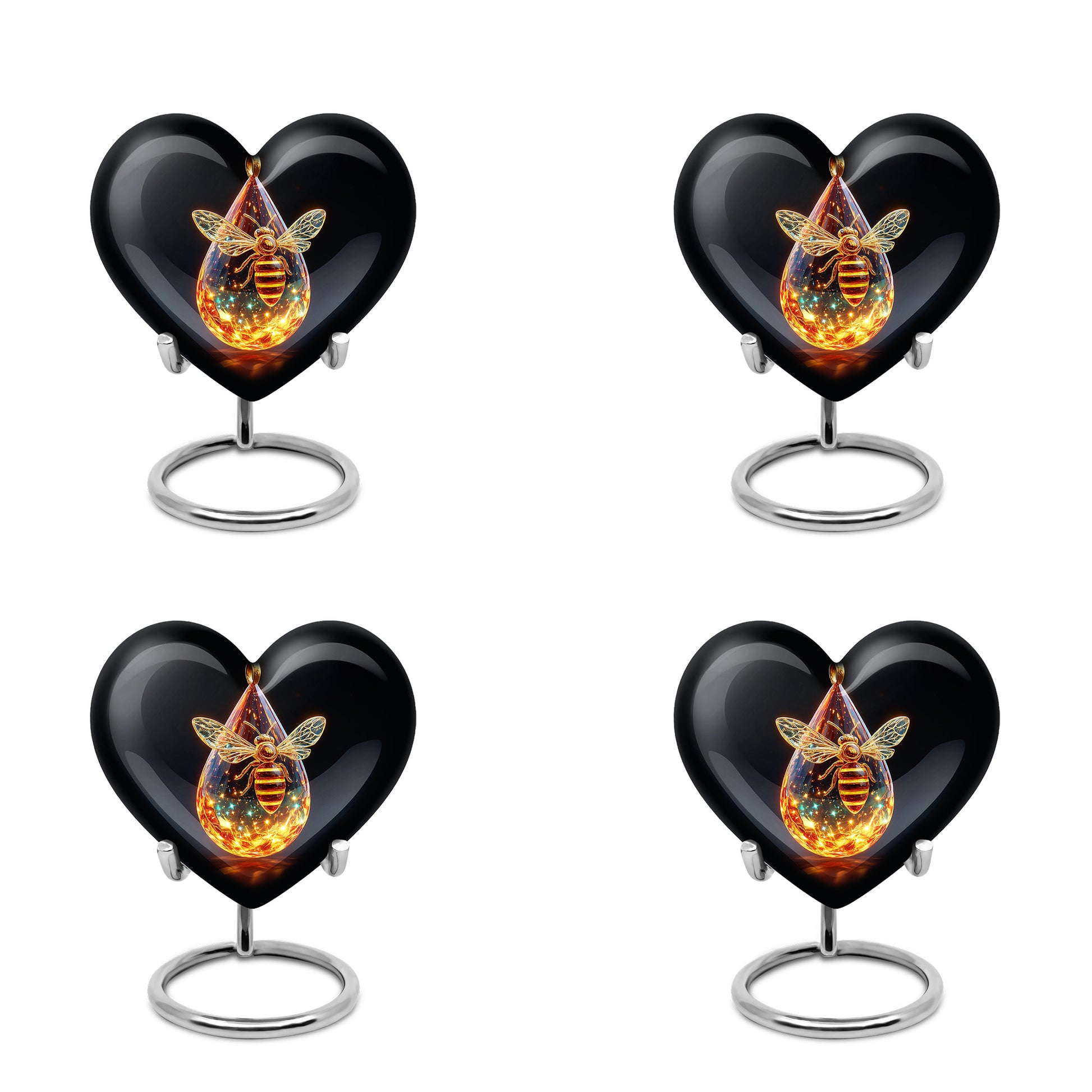 Glossy Black Bee Cremation Urn angled view of lid and engraved motif - loving heart memorial featuring bee pattern - 10 inch aluminum urn for cremated remains