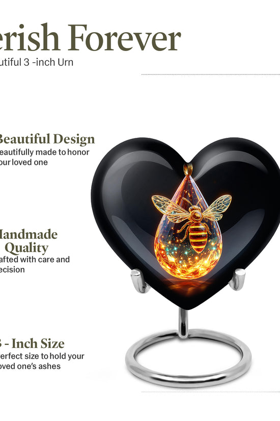Onyx Black Bee Cremation Urn front view showing detailed design - romantic heart urn with bee motif on aluminum - mini keepsake memorial for portion of cremation ashes