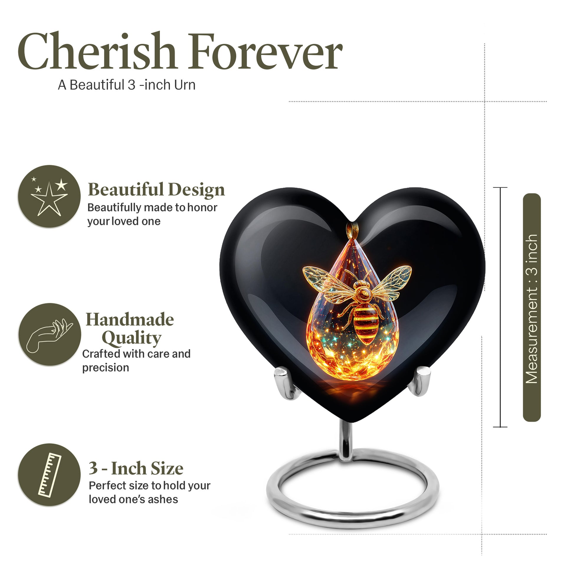 Onyx Black Bee Cremation Urn front view showing detailed design - romantic heart urn with bee motif on aluminum - mini keepsake memorial for portion of cremation ashes